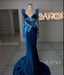 650. Royal Blue Long Sleeves Mermaid Charmeuse Prom Dress with Beadings