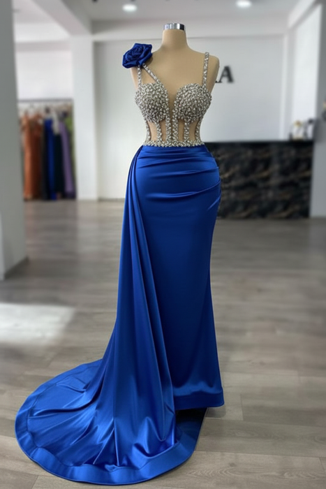 Royal Blue Luxury Glitter Rinstones Mermaid Prom Dresses Sleeveless with Sweep Train - Prom Dresses