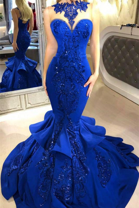 Royal Blue Mermaid Beads Prom Dresses Appliques Evening Dresses