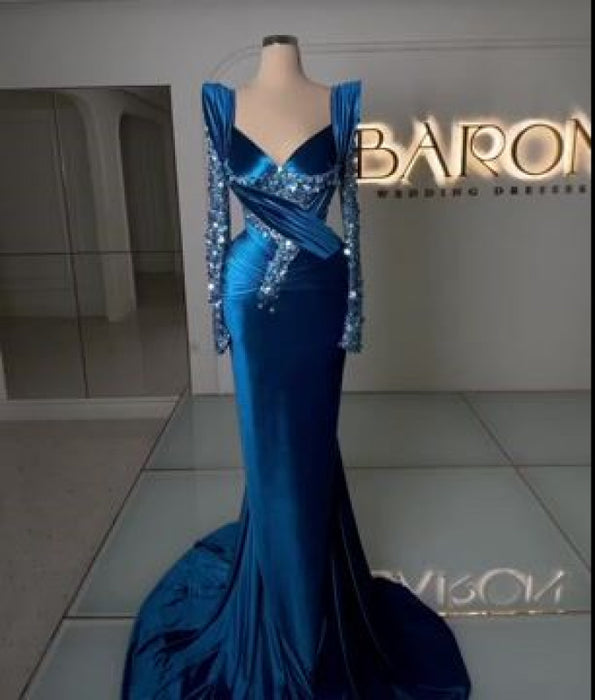 Royal Blue Mermaid Prom Dress with Elegant Long Sleeves and Sparkling