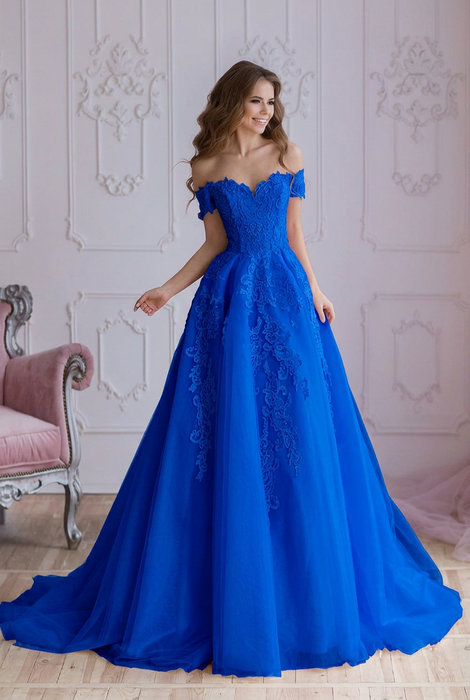 Off Shoulder Lace Prom Dress - Royal Blue