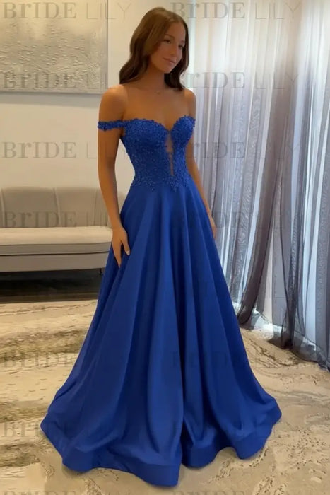 Royal Blue Off-the-Shoulder A-line Evening Dress Lace Prom Dress Long