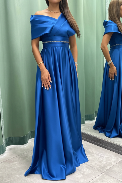 Royal Blue Elegant Off-the-Shoulder Long Evening Dress Pleated