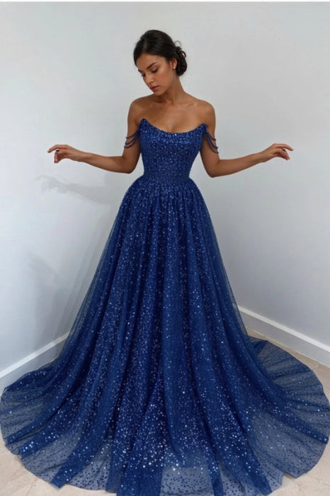 Royal Blue Off-the-Shoulder Prom Dress Long with Sequins - Prom Dresses