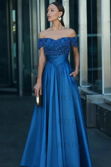 Royal Blue Off-the-Shoulder Satin Aline Formal Dress with Beadings
