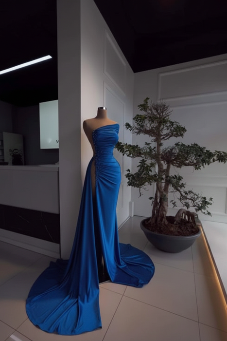Royal Blue Pearl Strapless Prom Dress with Long Slit