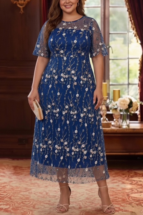 Royal Blue Plus Size A-Line Lace Embroidery Mother of the Bride Dresses Ankle-Length Floral Wedding Guest Dress