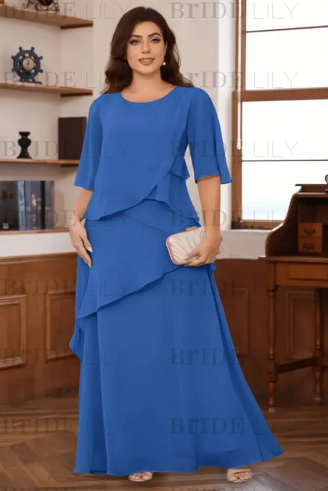 Royal Blue Plus Size Ruffles Chiffon Mother of the Bride Dress Scoop Neck with Half Sleeves