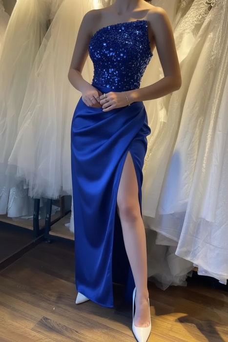 Royal Blue Sleeveless Prom Dress with Sequins and High Slit