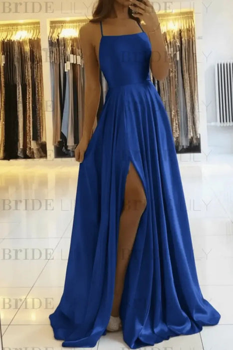 Royal Blue Simple Prom Dress Long With Spaghetti Straps Front Slit Satin Evening Dress