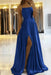 Royal Blue Simple Prom Dress Long With Spaghetti Straps Front Slit Satin Evening Dress