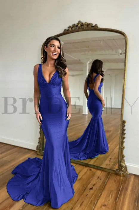 Royal Blue Prom Dress with Wide Shoulder V Neck Long Mermaid with Bead Embellishments - Prom Dresses