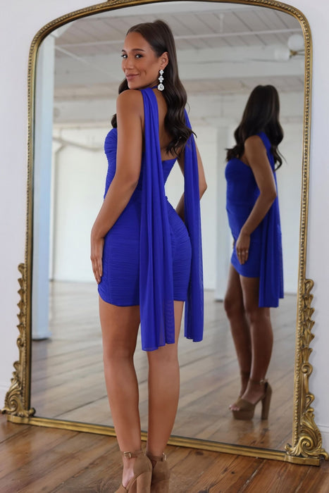 Royal Blue Ruched Halter Homecoming Dress with Cutout | Backless Bodycon Mini Dress
