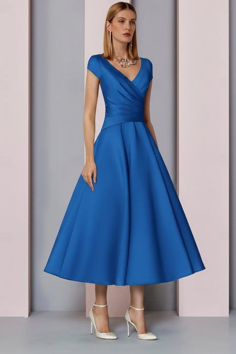 Royal Blue Satin A-Line Mother of the Bride Dress V Neck Tea Length Wedding Guest Dress - Prom Dresses