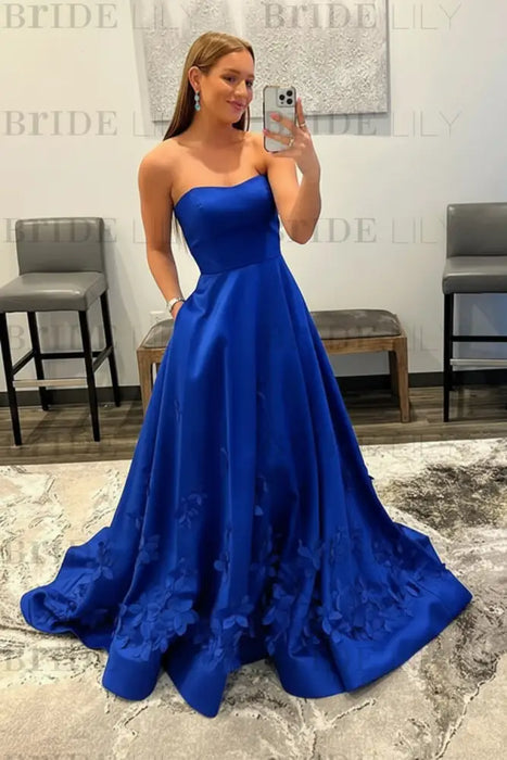 strapless open back dress Light Blue Satin A-Line Prom Dress 3D Flowers & Pocket