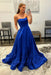 Royal Blue Strapless Satin Long Prom Dresses with 3D Flowers
