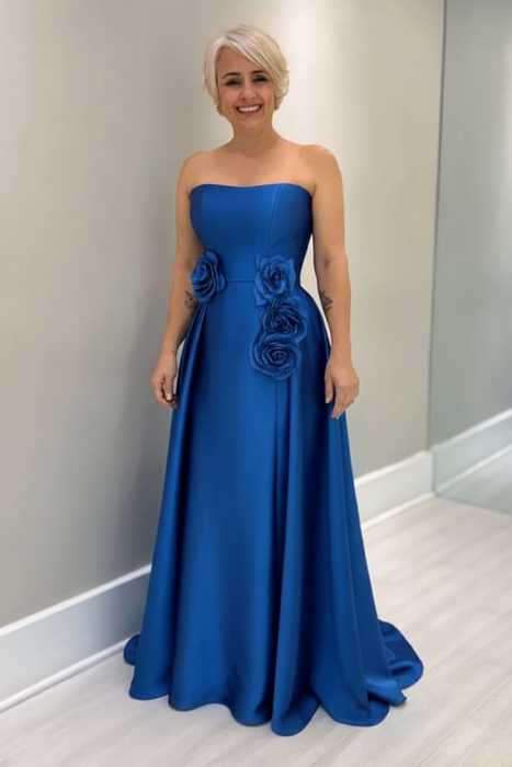 Royal Blue Satin Mother of the Bride Dress Strapless with Flowers - Prom Dresses