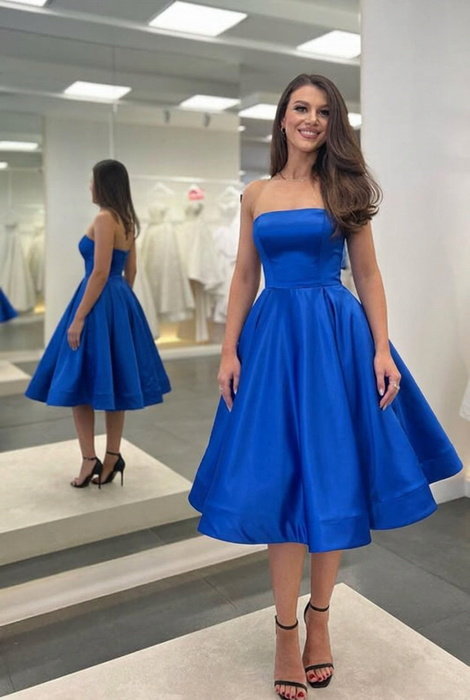 Royal Blue Satin Strapless Prom Dress