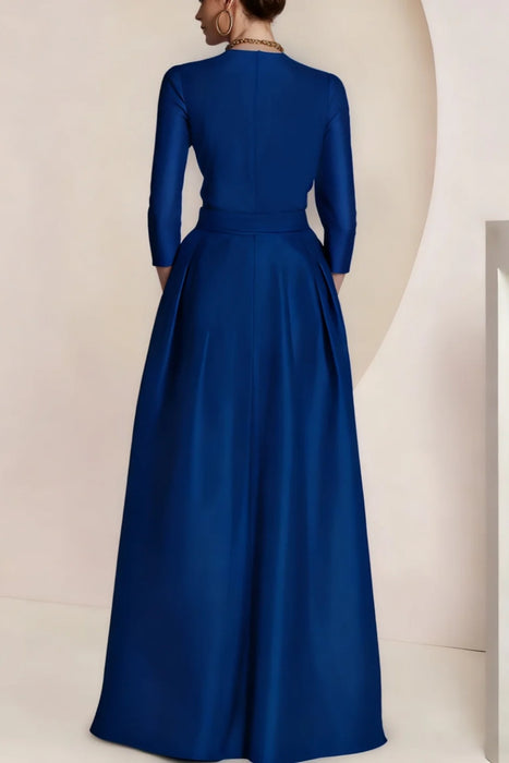 Ruched Satin V-Neck Mother of the Bride Dress 3/4 Sleeves with Split Front