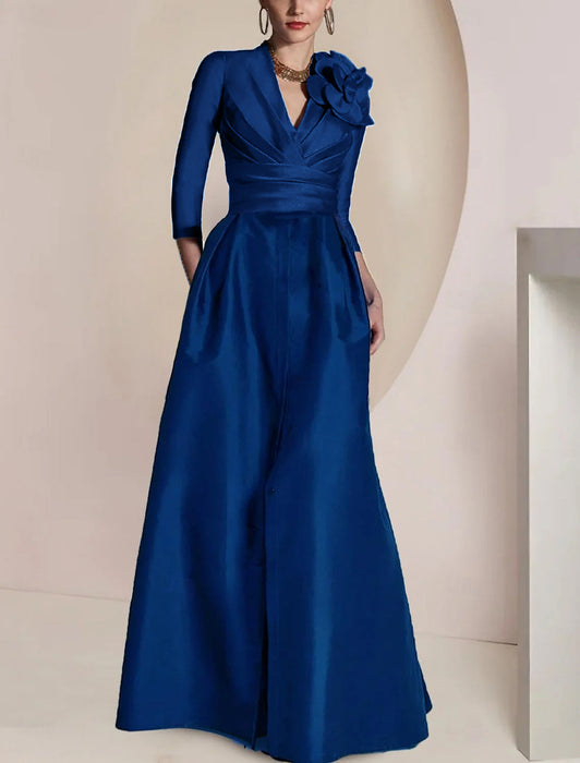 Royal Blue Satin V-Neck Mother of the Bride Dress with 3/4 Sleeves with Split Front