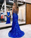 Royal Blue Sequin V Neck Backless Prom Dress