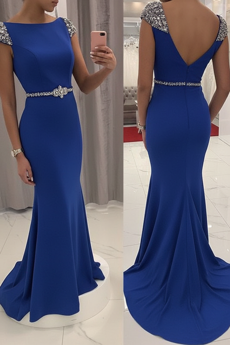 Royal Blue Sequined Fitted Cap Sleeve Mermaid Prom Dress Formal Gown - Prom Dresses