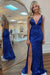 Royal Blue Sequins V Neck Backless Sleeveless High Slit Prom Dress