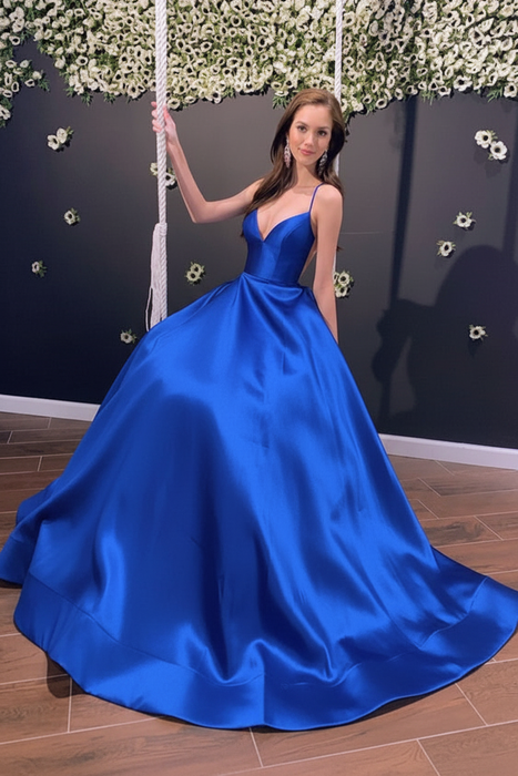 Royal Blue Simple A Line V Neck Backless Yellow Long Prom Dresses