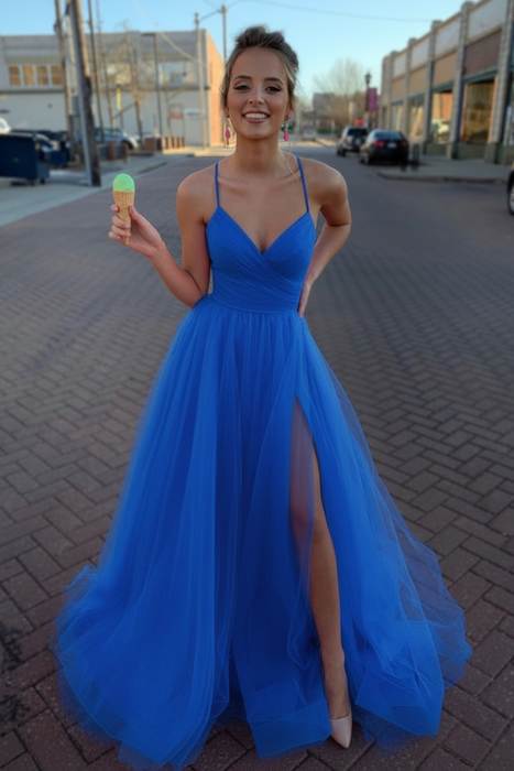 Royal Blue Simple A Line V Neck Tulle Long Prom Dresses with High  Split