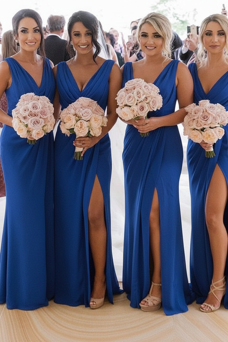 Royal Blue Simple V Neck Sleeveless Sheath Pleated Chiffon Bridesmaid Dress with Split