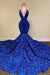 Royal Blue Sleeveless Halter Mermaid Prom Dress with Sequins and Floral Bottom