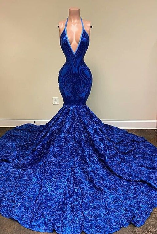 Royal Blue Sleeveless Halter Mermaid Prom Dress with Sequins and Floral Bottom