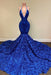 Royal Blue Sleeveless Halter Mermaid Prom Dress with Sequins and Floral Bottom