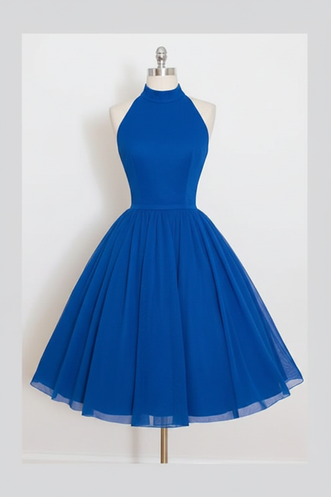 Royal Blue Sleeveless Homecoming Simple Halter Party Dresses Tea Length Graduation Dress