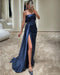 Royal Blue Spaghetti Strap Prom Dress with Slimming Pleated Split Mermaid Design