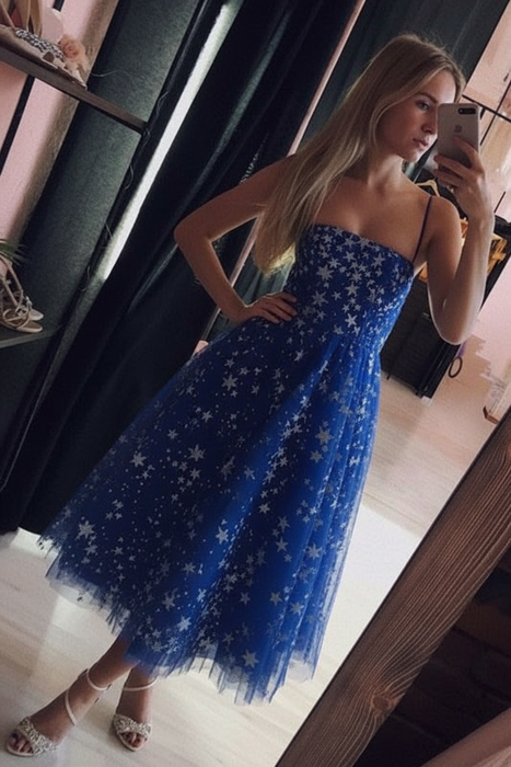 Royal Blue Spaghetti Strap Tea Length Tulle Homecoming Dress Midi Prom Dresses - Prom Dresses