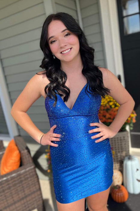 Royal Blue Sparkly Beaded Tight Short Homecoming Dress