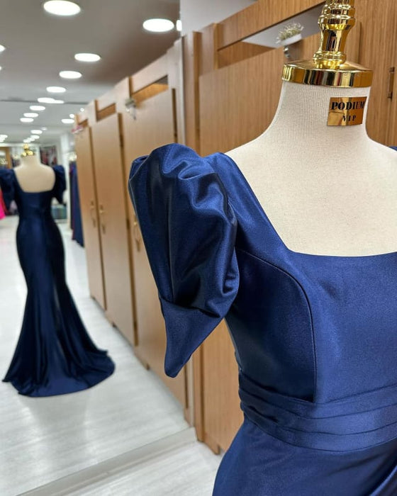Royal Blue Square Neck Long Mermaid Prom Dress with Bubble Sleeves and Slit