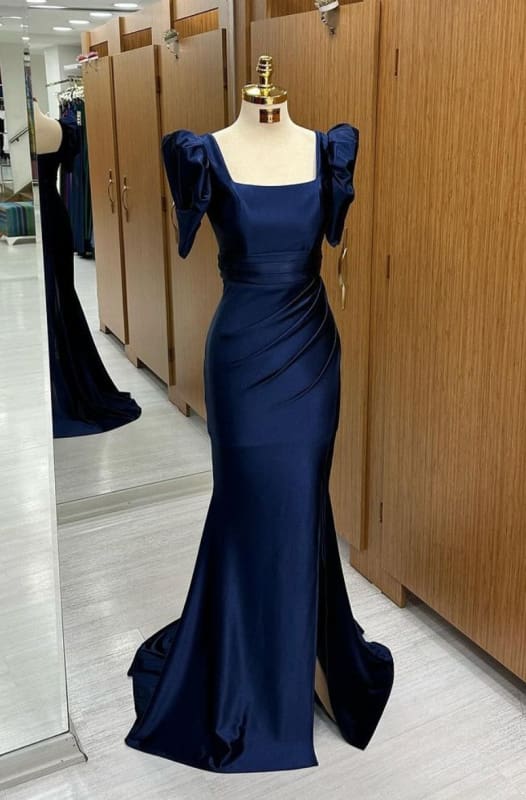 Vintage Mermaid Square Neckline Royal Blue Long Party Dress Prom Dresses
