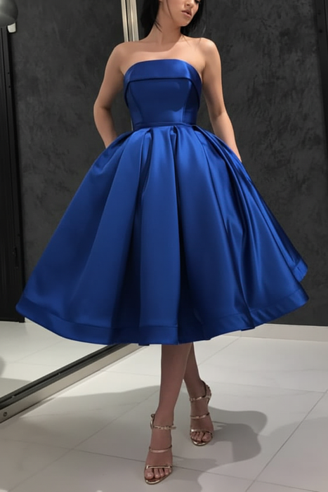 Royal Blue Strapless Tea Length Prom Dress Sleeveless Aline Homecoming Dress Satin Cocktail Dress