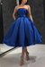 Royal Blue Strapless Tea Length Prom Dress Sleeveless Aline Homecoming Dress Satin Cocktail Dress