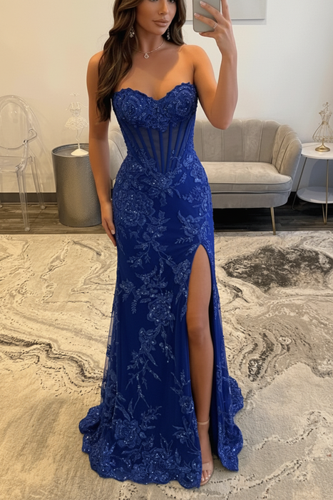 Royal Blue Sweetheart Lace Mermaid Evening Dress Sequins Corset Prom Dress with Appliques