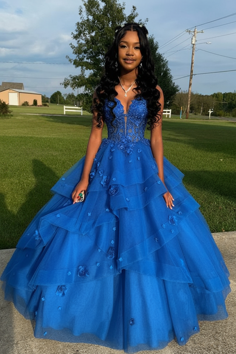 Royal Blue Spaghetti Straps Aline Prom Dress Tulle Aline Evening Dress with Lace