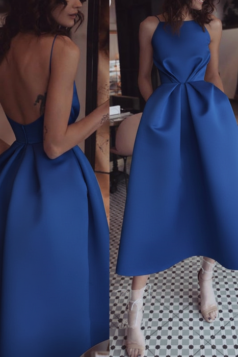 Royal Blue Unique Tea Length Satin Party Spaghetti Straps Backless Prom Dress - Prom Dresses