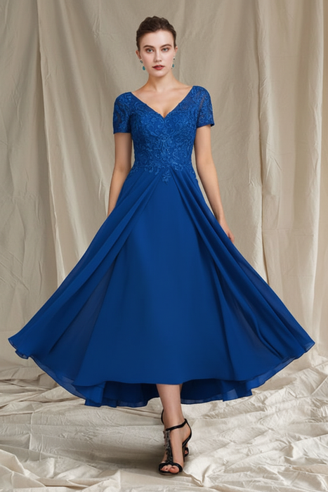 Royal Blue V-Neck A-Line Princess Tea-Length Dresses for the Mother of the Bride