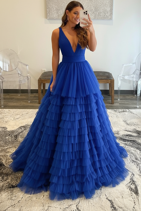 Royal Blue Tulle Formal Evening Dresses 