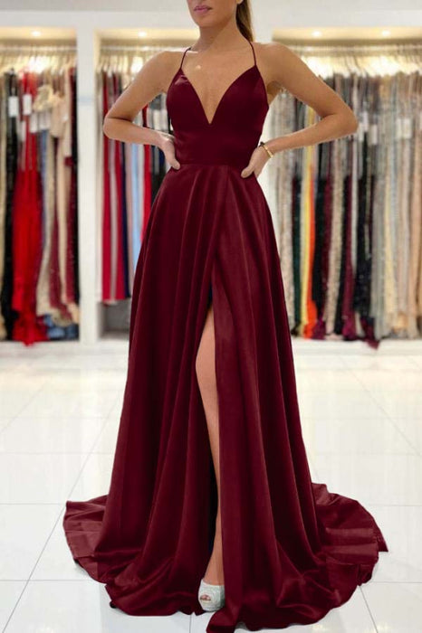 Royal Blue V-Neck Prom Dress Sleeveless With Slit - Prom Dresses