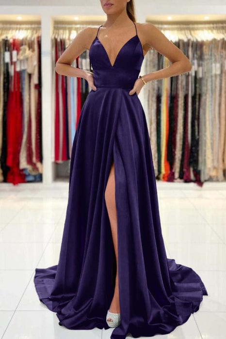 Royal Blue V-Neck Prom Dress Sleeveless With Slit - Prom Dresses