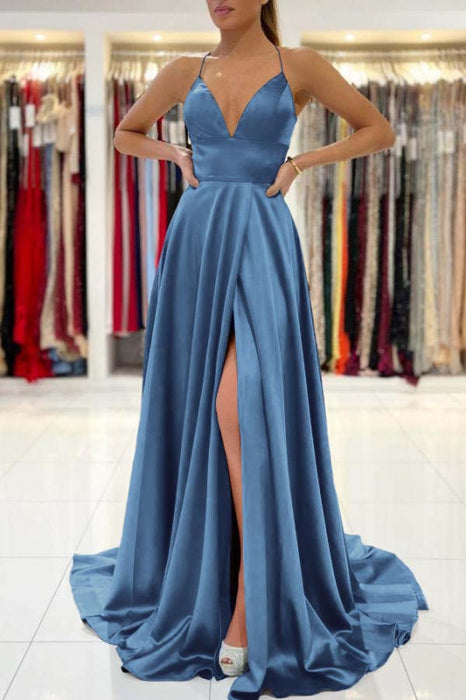 Royal Blue V-Neck Prom Dress Sleeveless With Slit - Prom Dresses
