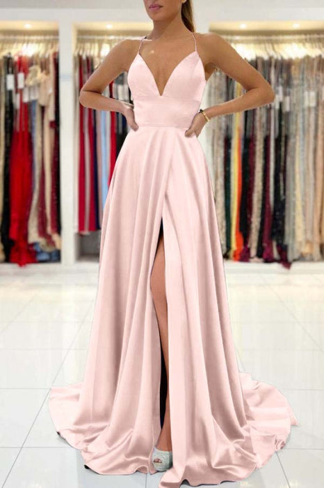 Royal Blue V-Neck Prom Dress Sleeveless With Slit - Prom Dresses